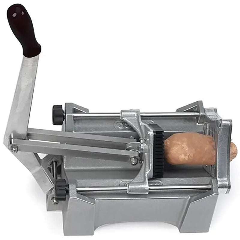 Nemco 56450A series Monster Fry Cutter, aluminum lever fry cutter with black handle and a potato in the chute
