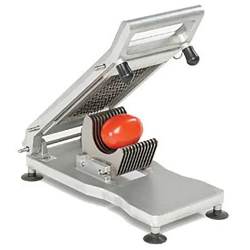 Nemco 56610 series Roma Tomato Slicer, aluminum hinged slicer with a tomato on the blade bed, angled view