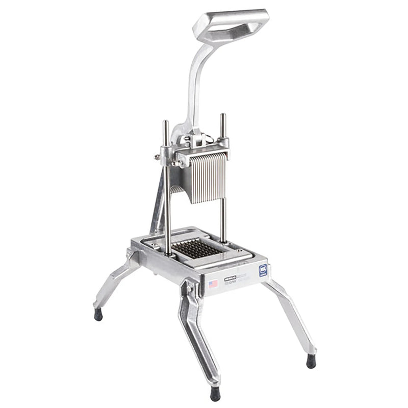 Nemco 56750 series Easy Onion Slicer 2, aluminum frame with vertical guide rods and lever handle, front view
