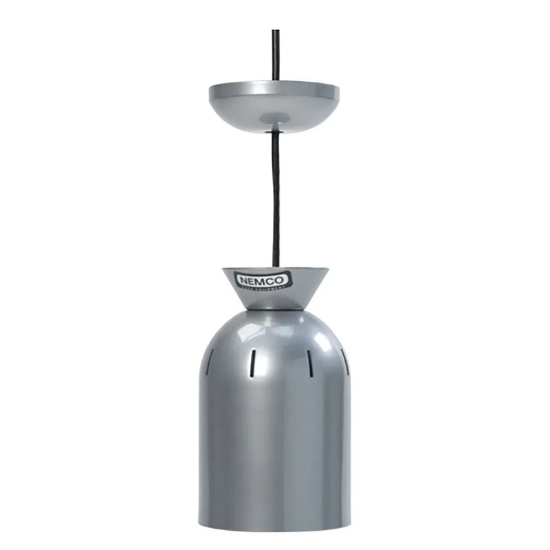 Nemco 6002 ceiling mounted heat lamp with aluminum bulb shade hanging from its suspension cord, front view