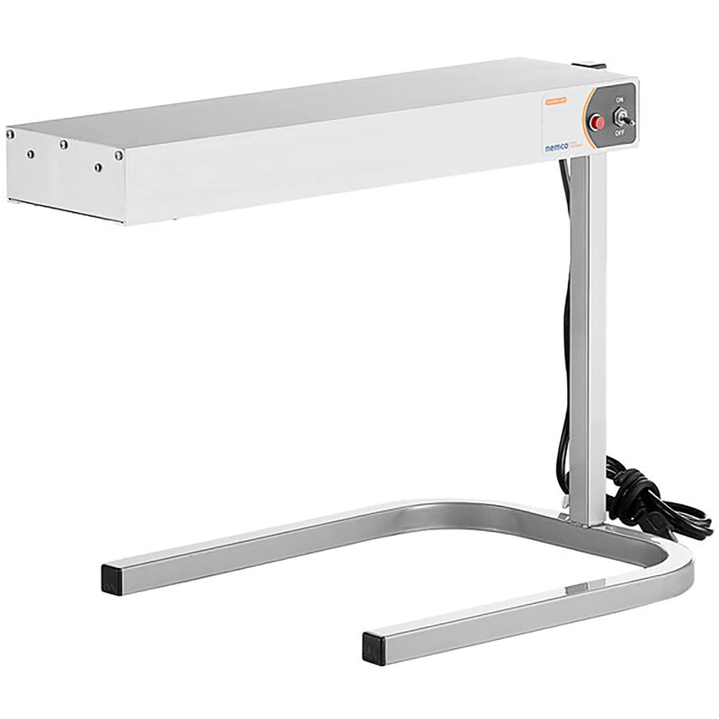 Nemco 6152-24 electric strip heater with stand, white housing on a chrome plated stand with power cord, angled view