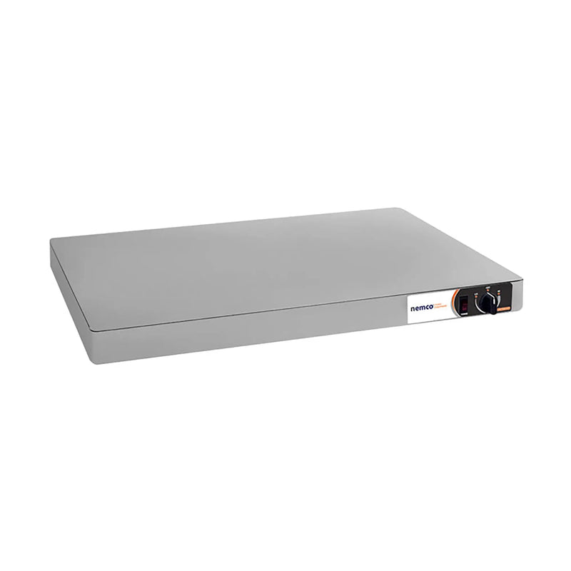 Nemco 6301 series countertop heated shelf, smallest size, stainless steel surface with dial control, angled view