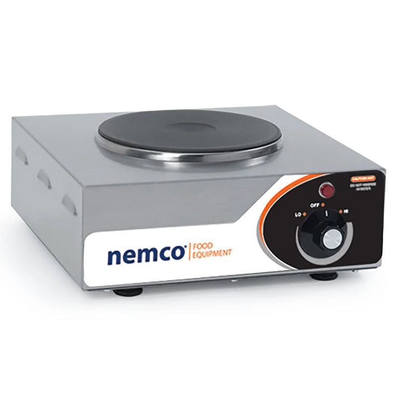 Nemco 6310-1 electric single burner hot plate, stainless steel with cast iron burner and dial control, angled view