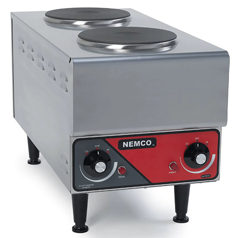 Nemco 6311-1-240 electric raised double burner hot plate, stainless steel on legs with red control panel, angled view