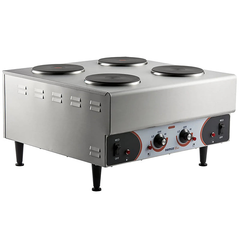 Nemco 6311-4-240 electric four burner hot plate, stainless steel on short legs with four dial controls, angled view