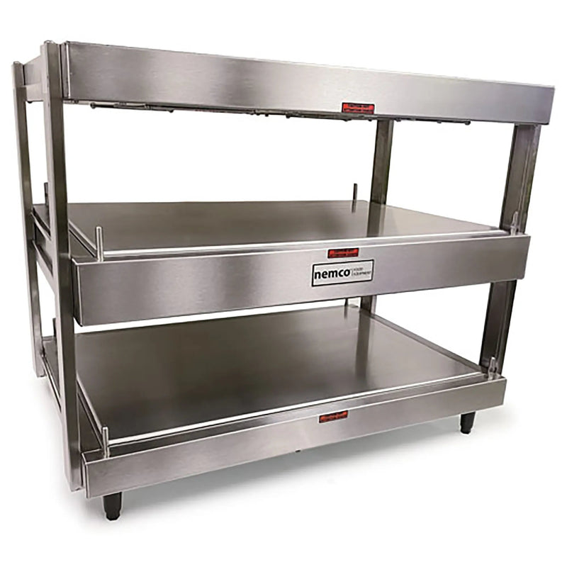 Nemco 6480 series heated pass through station with three flat stainless steel shelves and overhead heaters, angled view