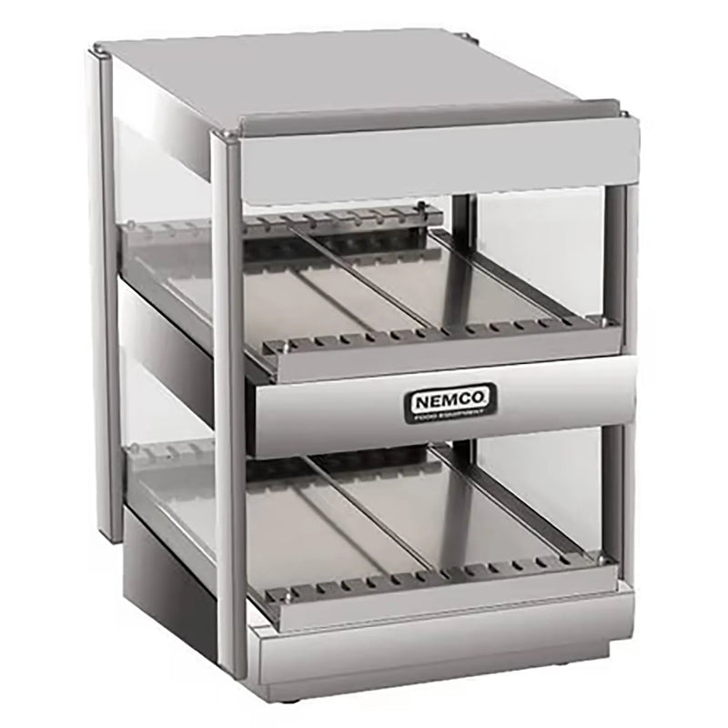 Nemco 6480 series heated pass through station with two slanted shelves, stainless steel finish, angled front view