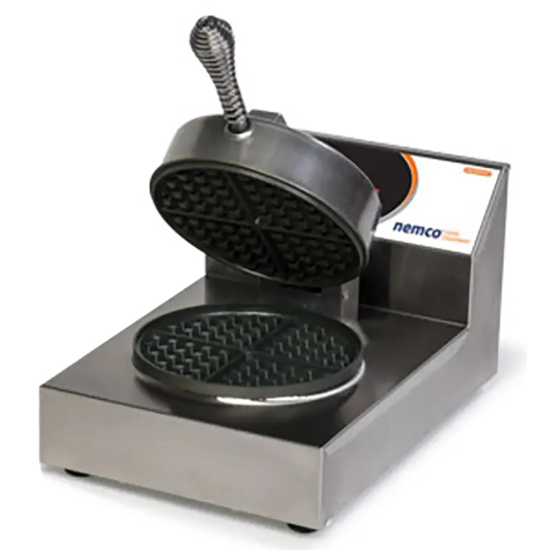 Nemco 7000A single waffle baker with black non-stick round grids and lid open, stainless steel base, angled view