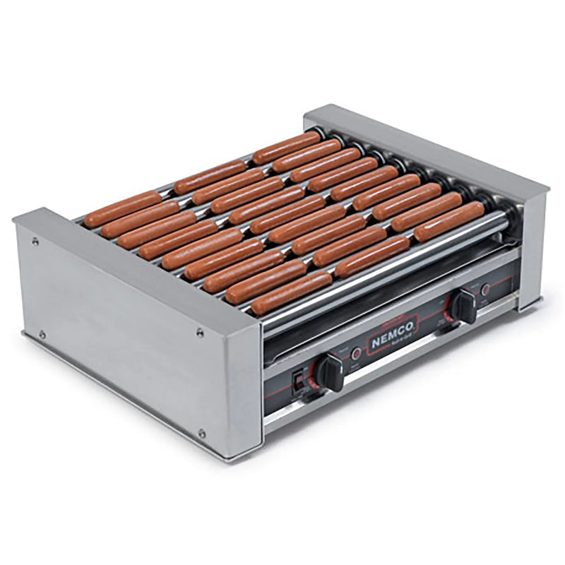Nemco 8018 series hot dog roller grill, 10 rollers loaded with hot dogs, stainless steel housing, angled view