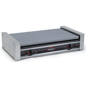 Nemco 8036 series hot dog roller grill, 10 grey rollers in a wide stainless steel housing, empty angled view