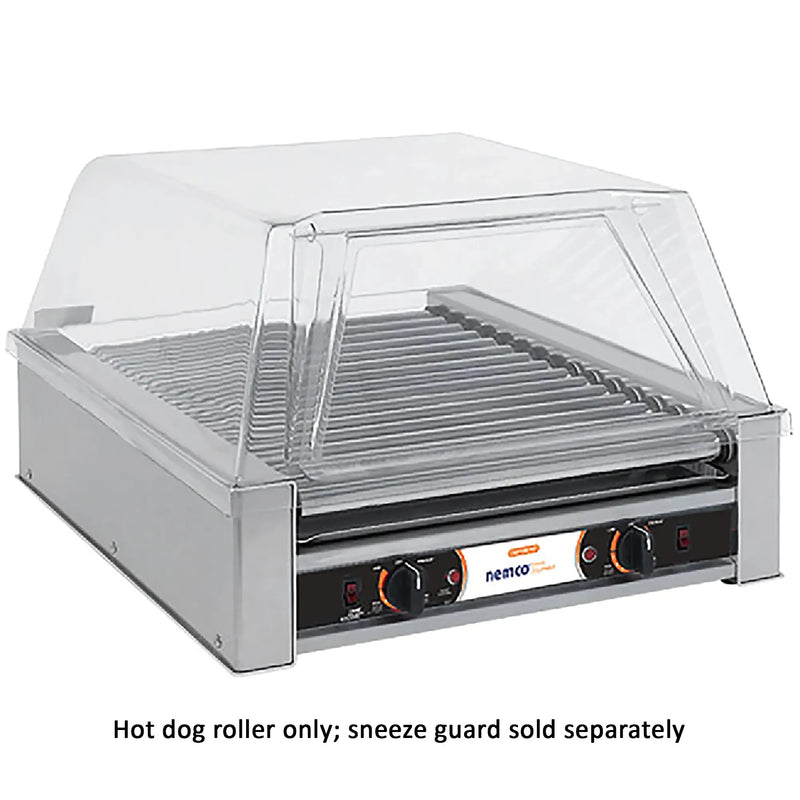 Nemco 8045N narrow hot dog roller grill, stainless steel with clear sneeze guard shown, front view with dual knob controls