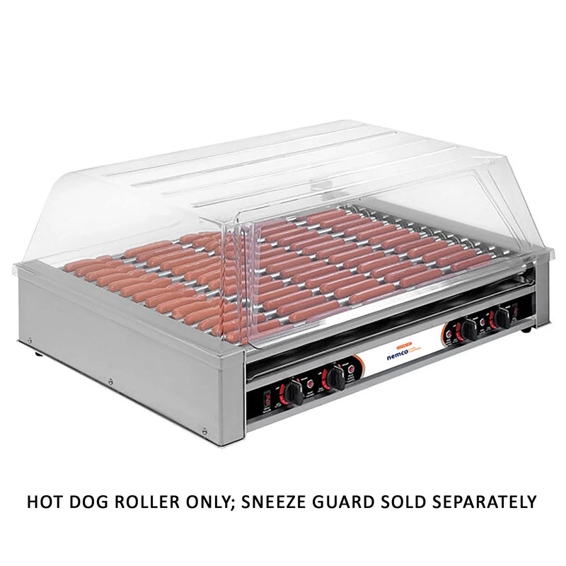 Nemco 8075 series 16 roller hot dog grill loaded with hot dogs under a clear sneeze guard, stainless steel, front view