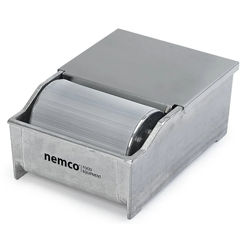 Nemco 8150 series butter spreader, brushed stainless steel housing with roller applicator and lid, angled view