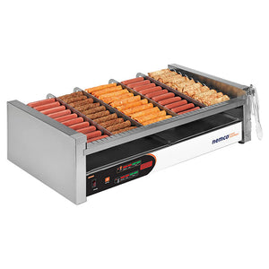Nemco 8250 series slanted hot dog grill with digital controls, stainless steel, shown loaded with hot dogs, angled view