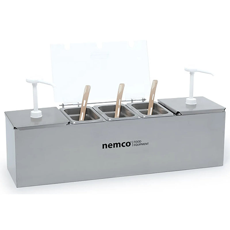 Nemco 88100-CB-1 stainless steel condiment bar with two pumps, pans with ladles and a clear sneeze guard, front view