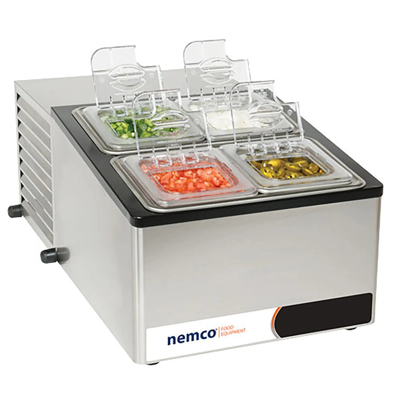 Nemco 9010 refrigerated condiment station, stainless steel with four 1/6 size pans of toppings and hinged lids