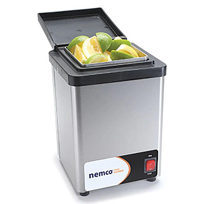 Nemco 9030 condiment chiller for a 1/6 size pan, stainless steel with lid open showing lime wedges, angled view