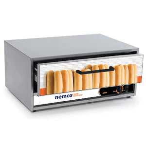 Nemco BW series stainless steel bun warmer with moisture, front drawer pulled open showing hot dog buns inside