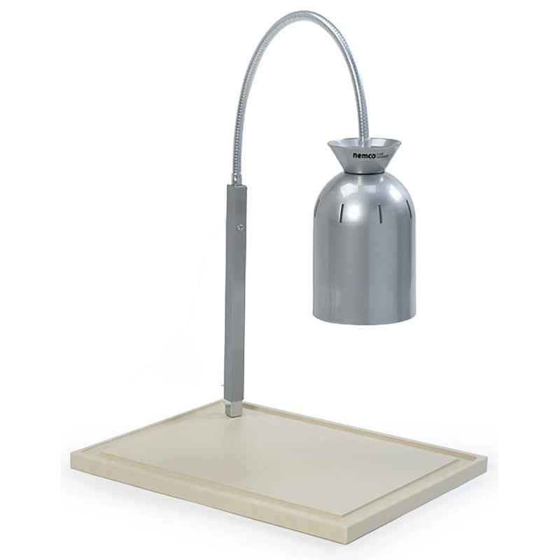 Nemco carving station with flex mount heat lamp, white polyethylene cutting board base and aluminum shade, side view