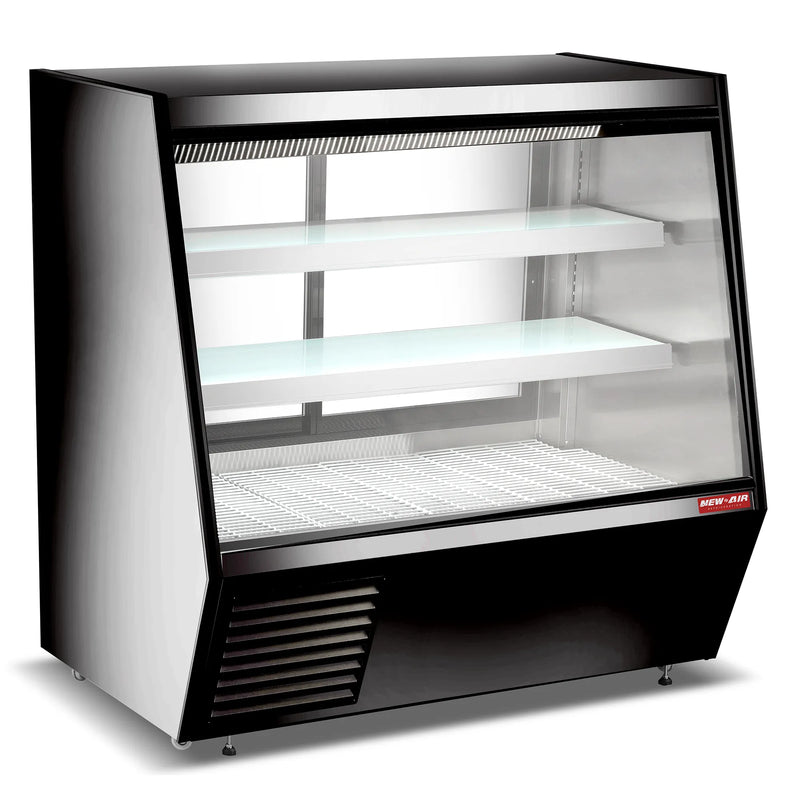 New Air NDDC-60-GC 60-inch refrigerated deli case, black and stainless cabinet with glass front and shelves