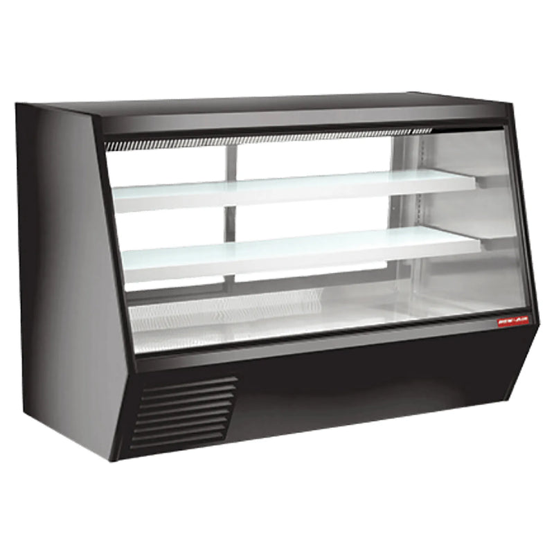 New Air NDDC-84-GC 84-inch refrigerated deli case, long black cabinet with glass front and two display shelves