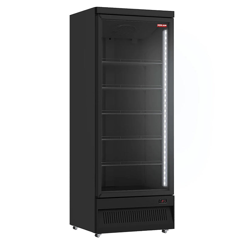 New Air NGR-30-HB single door 30-inch glass door display refrigerator, black cabinet with LED lighting, angled view
