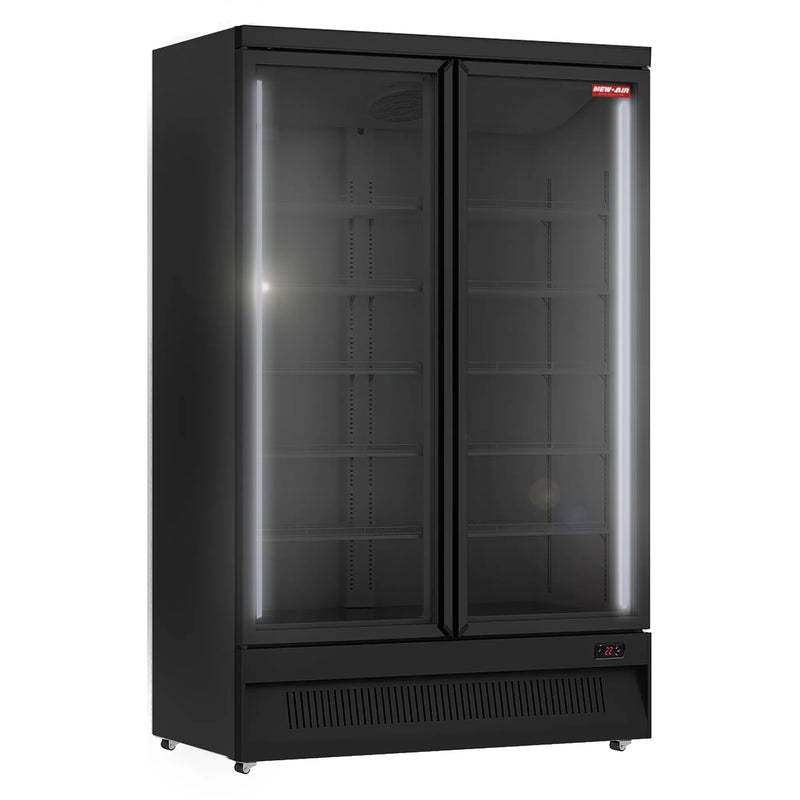 New Air NGR-49-HB double door 49-inch glass door display refrigerator, black cabinet with LED light strips
