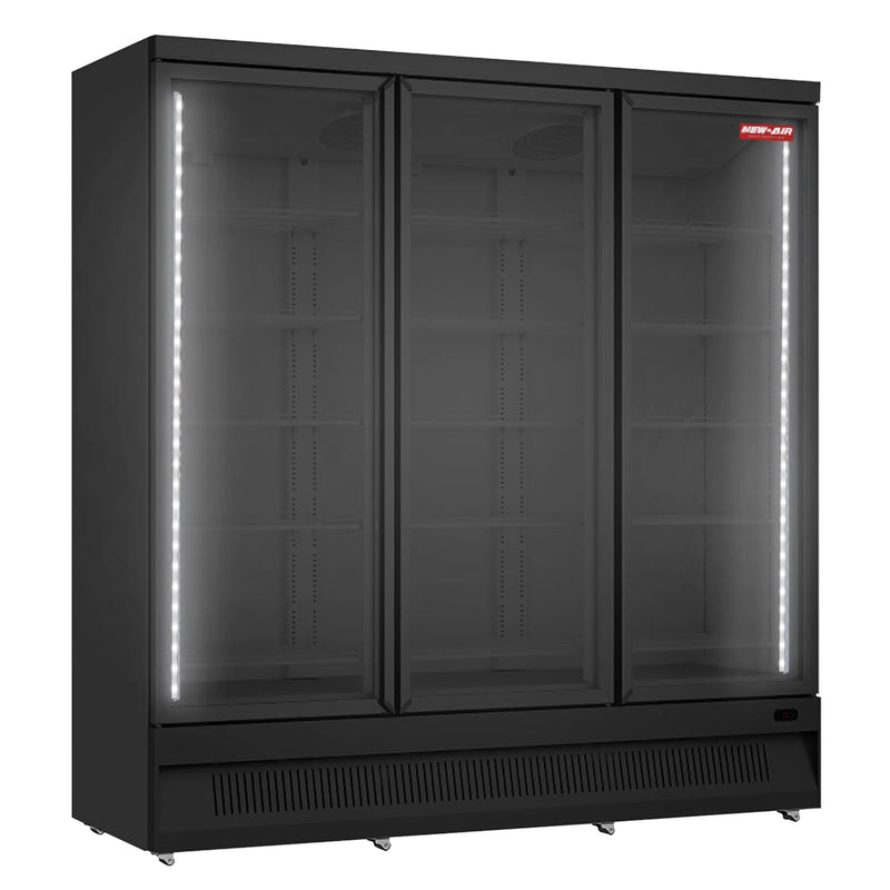 New Air NGR-74-HB triple door 74-inch glass door display refrigerator, black cabinet with LED lighting, angled view