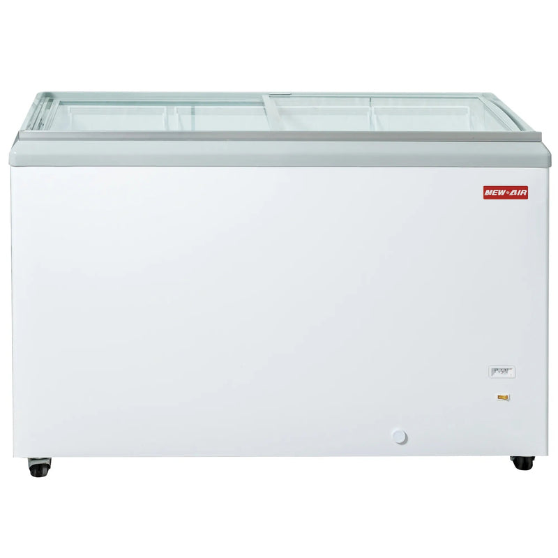 New Air NIF-50-FG double door 50-inch flat glass display chest freezer in white with sliding glass tops, front view