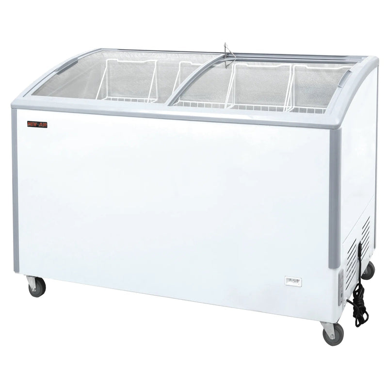 New Air NIF-55-CG double door 55-inch curved glass display chest freezer, white cabinet with sliding glass lids