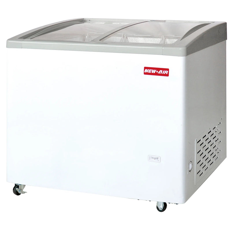 New Air NIF-61-CG double door 61-inch curved glass display chest freezer, white cabinet with grey trim, angled view