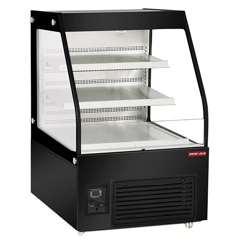 New Air NOM-36-CDS mid profile 36-inch open air refrigerator, black cabinet with glass sides and three shelves