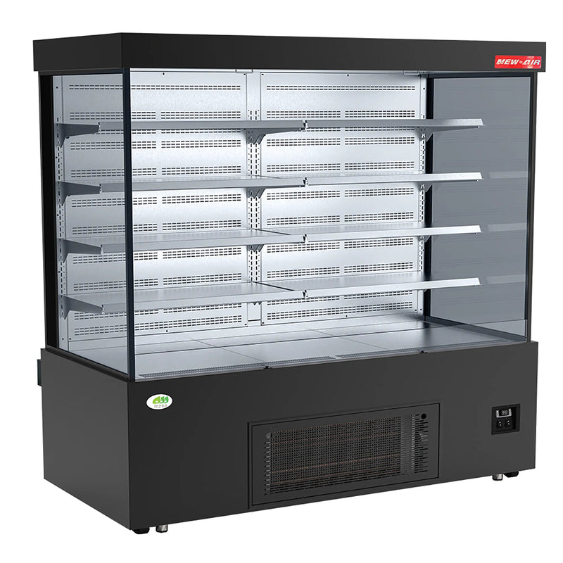 New Air NOM-71-S 71-inch open air refrigerator, wide black merchandiser with glass ends and adjustable shelves
