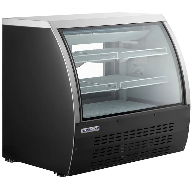 Nordic Air DDC-47 47-inch curved glass refrigerated deli case with black exterior and glass shelves, angled view