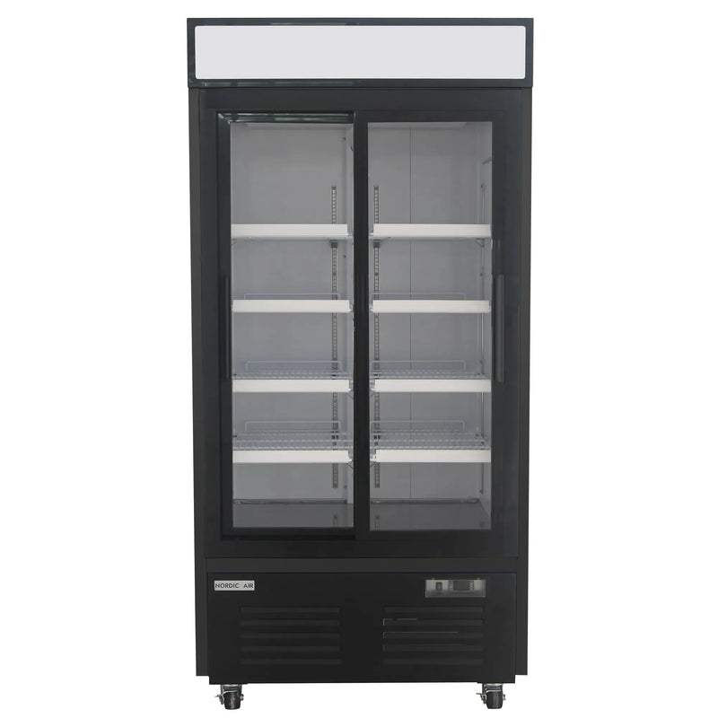 Nordic Air GRM-31C-S double sliding glass door 40-inch wide black display refrigerator with lit header, front view