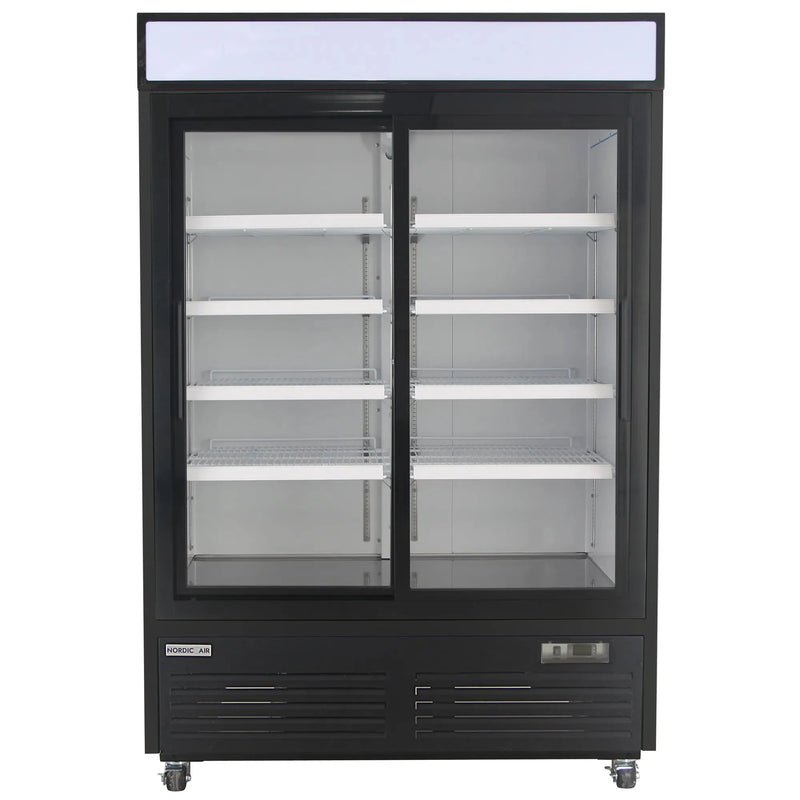 Nordic Air GRM-46C-S double sliding glass door 54-inch wide black display refrigerator with lit header, front view