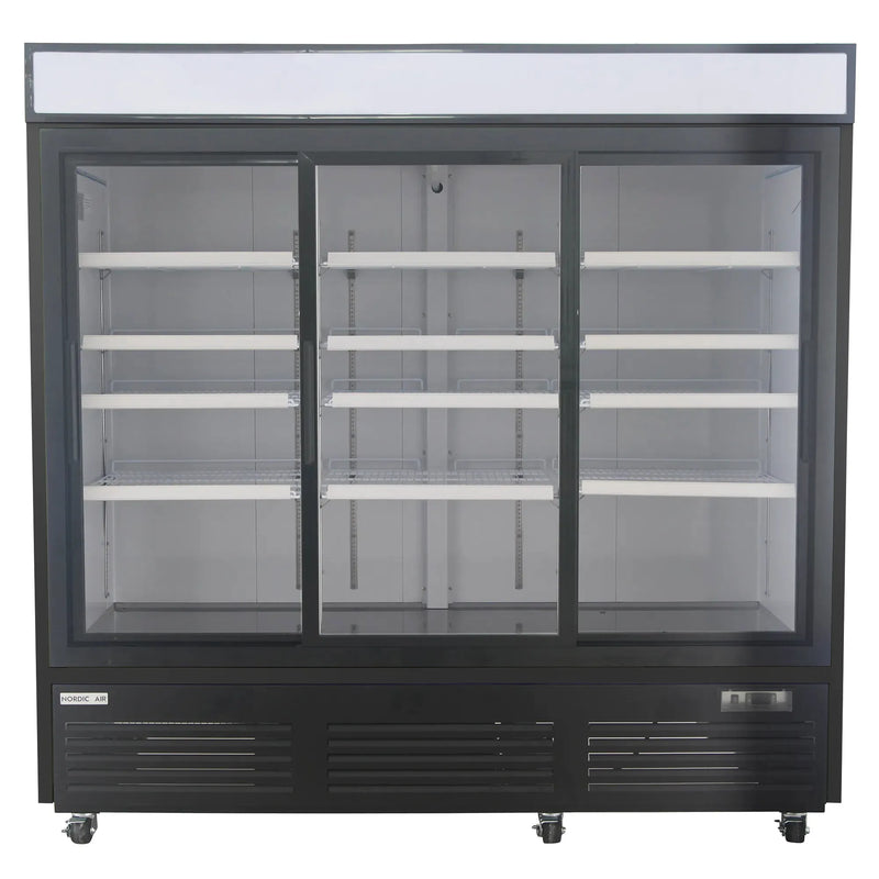 Nordic Air GRM-67C-S triple sliding glass door 81-inch wide black display refrigerator with lit header, front view