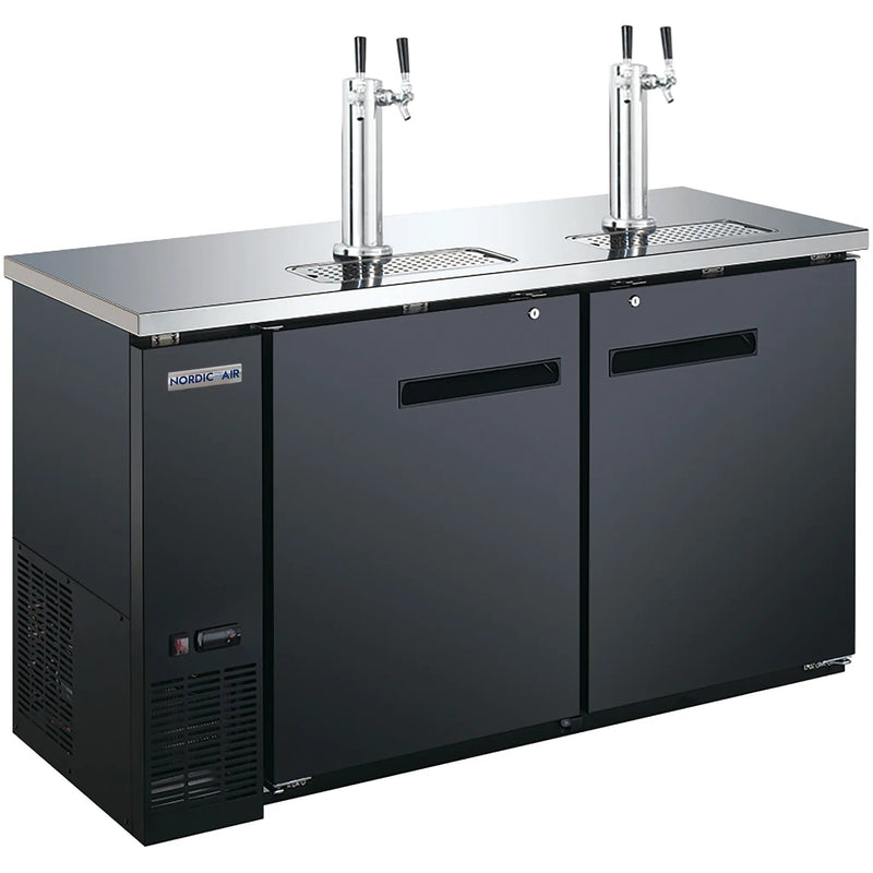 Nordic Air KGR-24-61 61-inch two door black keg beer dispensing cooler with two double tap towers, angled view