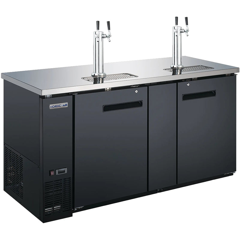 Nordic Air KGR-28-69 69-inch two door black keg beer dispensing cooler with two double tap towers, angled view