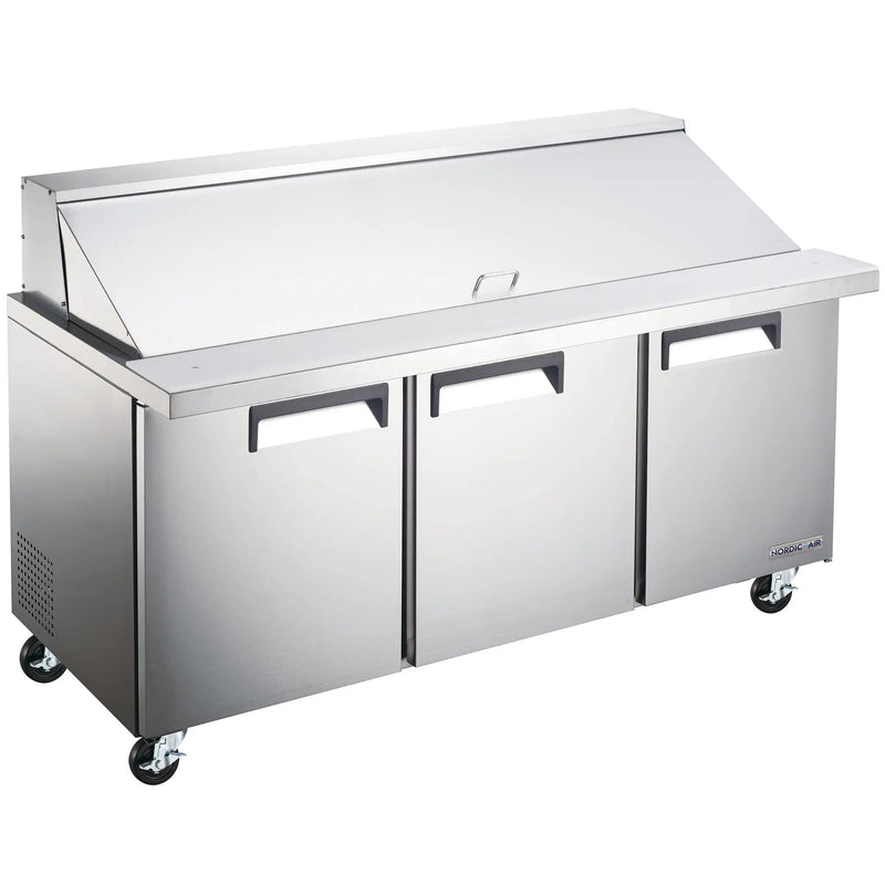 Nordic Air MSPT-70-30 70-inch three door stainless steel mega top sandwich prep table with lid closed, on casters