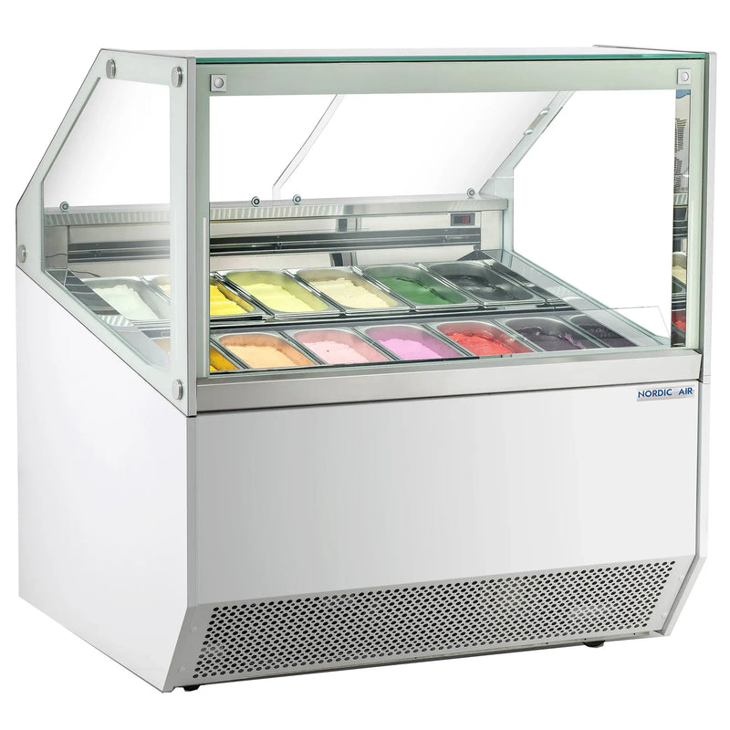 Nordic Air NGEL-12 47-inch gelato dipping freezer with straight glass canopy, shown filled with gelato pans
