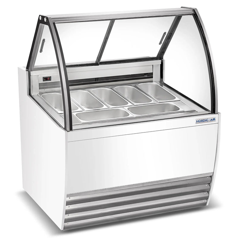 Nordic Air NGEL-7-COMP 41-inch white gelato dipping freezer with curved glass sneeze guard, angled view