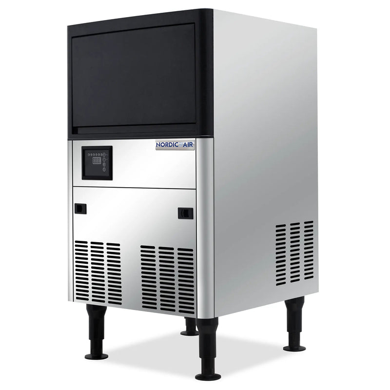 Nordic Air NIM-80C cube ice machine, stainless steel cabinet with black top and bin door on legs, angled view