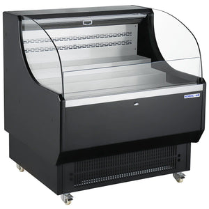 Nordic Air NOR-290-AT low profile open air 39-inch wide black refrigerator with curved glass sides, angled view