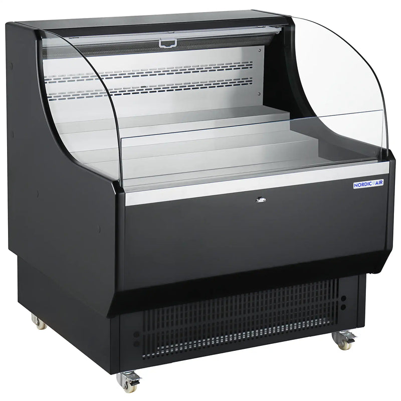 Nordic Air NOR-290-AT low profile open air 39-inch wide black refrigerator with curved glass sides, angled view