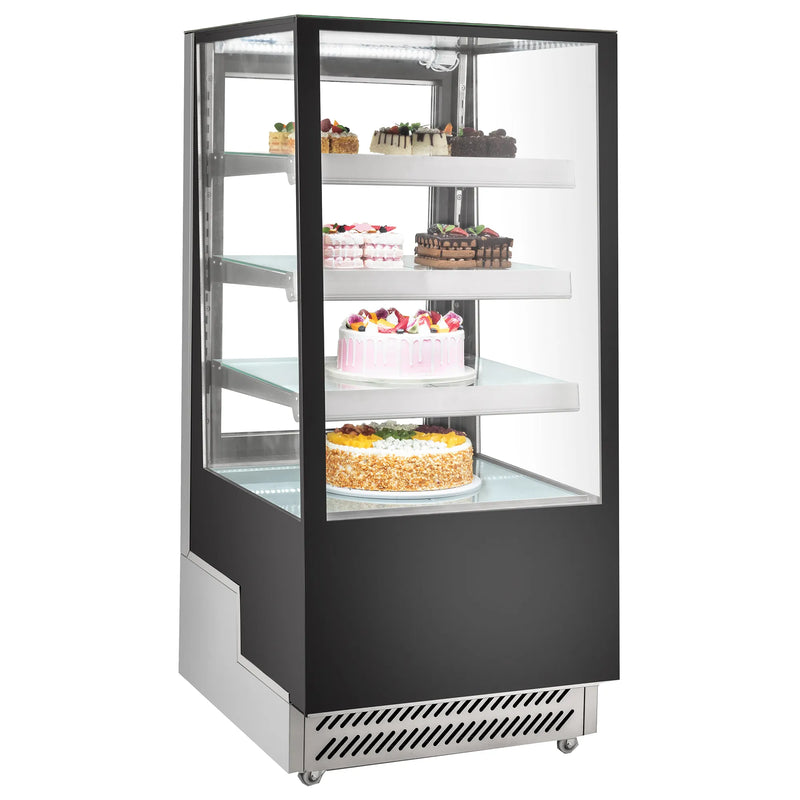 Nordic Air NPC-24 square glass three tier 26-inch refrigerated pastry display case stocked with cakes