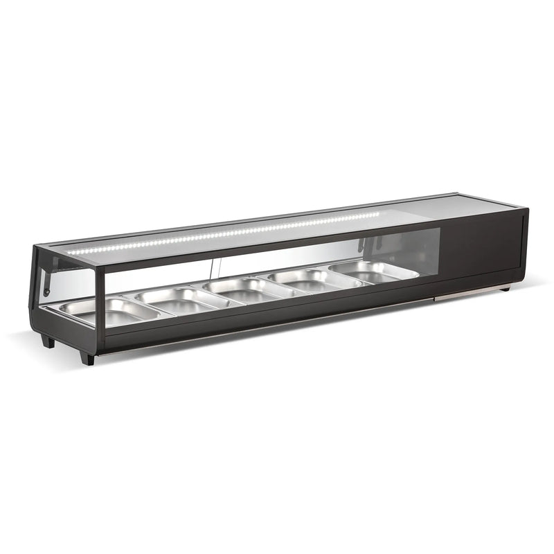 Nordic Air NSU-71 71-inch refrigerated sushi showcase with black body, curved glass and stainless steel pans