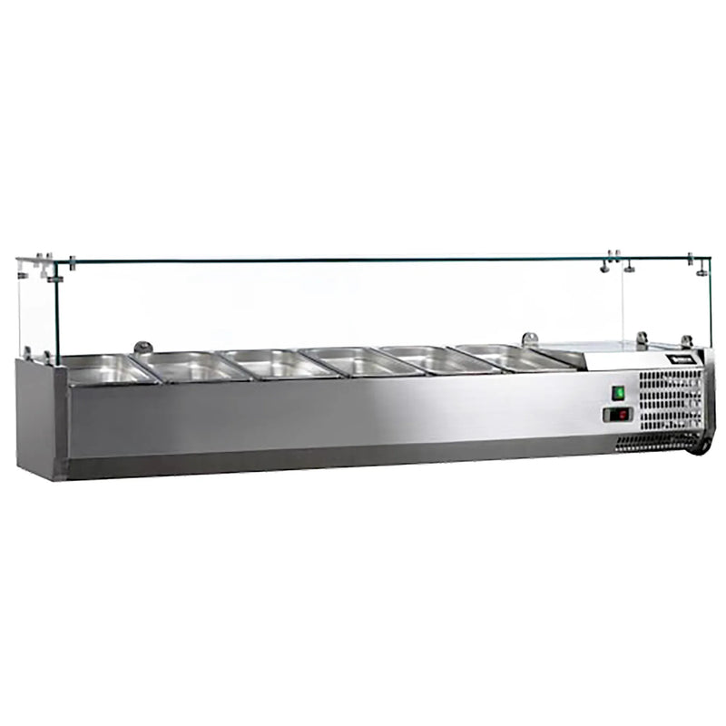 Nordic Air NTR-60 59-inch stainless steel refrigerated topping rail with glass sneeze guard and food pans