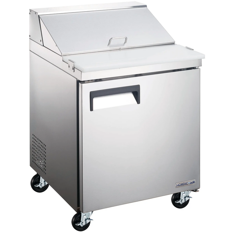 Nordic Air SPT-28-8 28-inch single door stainless steel refrigerated sandwich prep table with lid closed, angled view