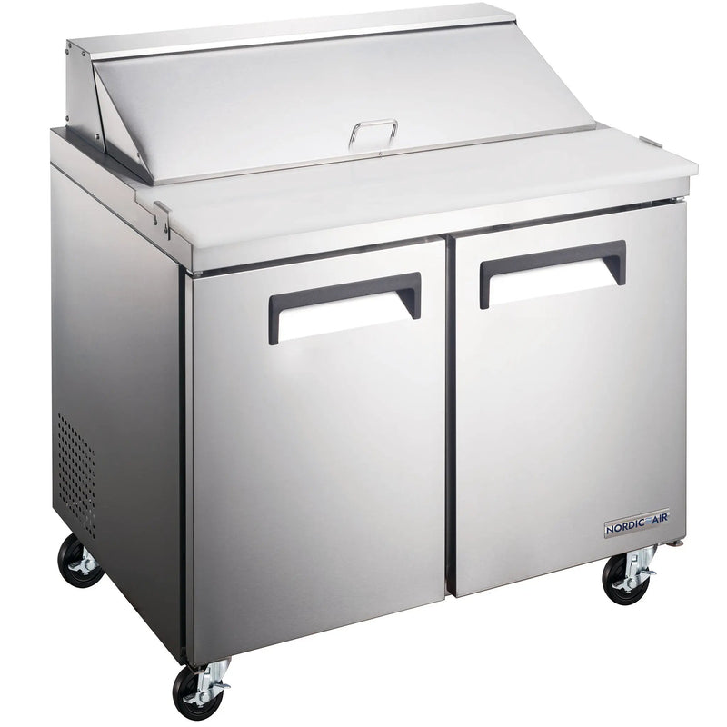 Nordic Air SPT-36-10 36-inch two door stainless steel refrigerated sandwich prep table with lid closed, angled view